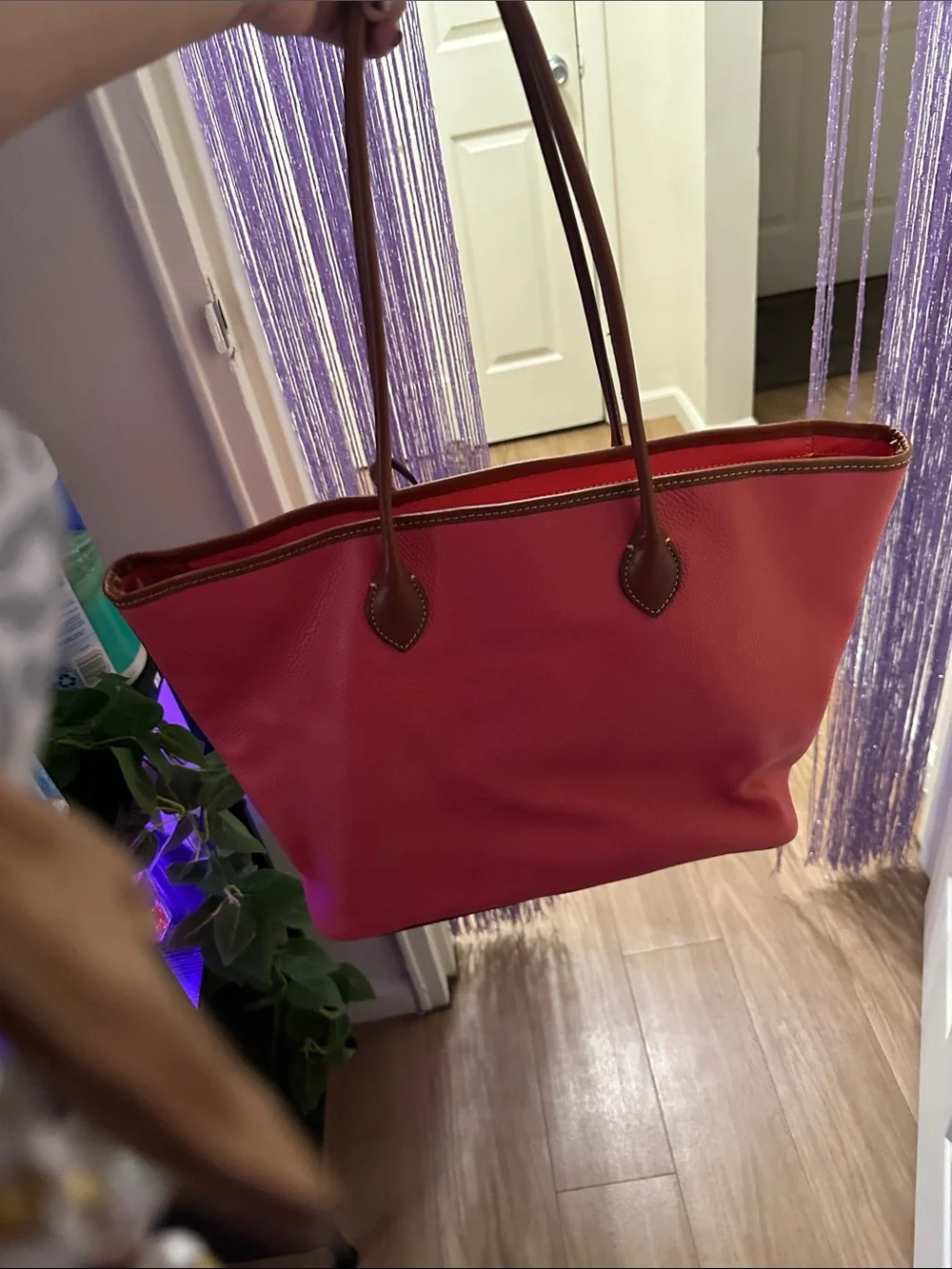 Dooney & Bourke Coral Peach Tote with Brown Trim and Leather Straps
